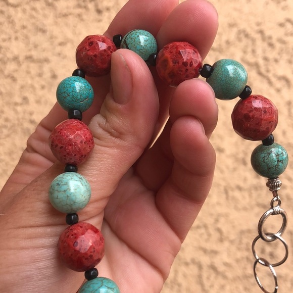 Sterling Silver Red Coral And Stabilized Turquoise Bead Toggle Bracelet - Picture 2 of 7